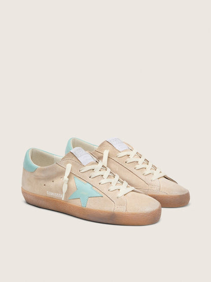 Golden Goose Womens Super-Star In Beige Suede With Aqua-Green Star Womens