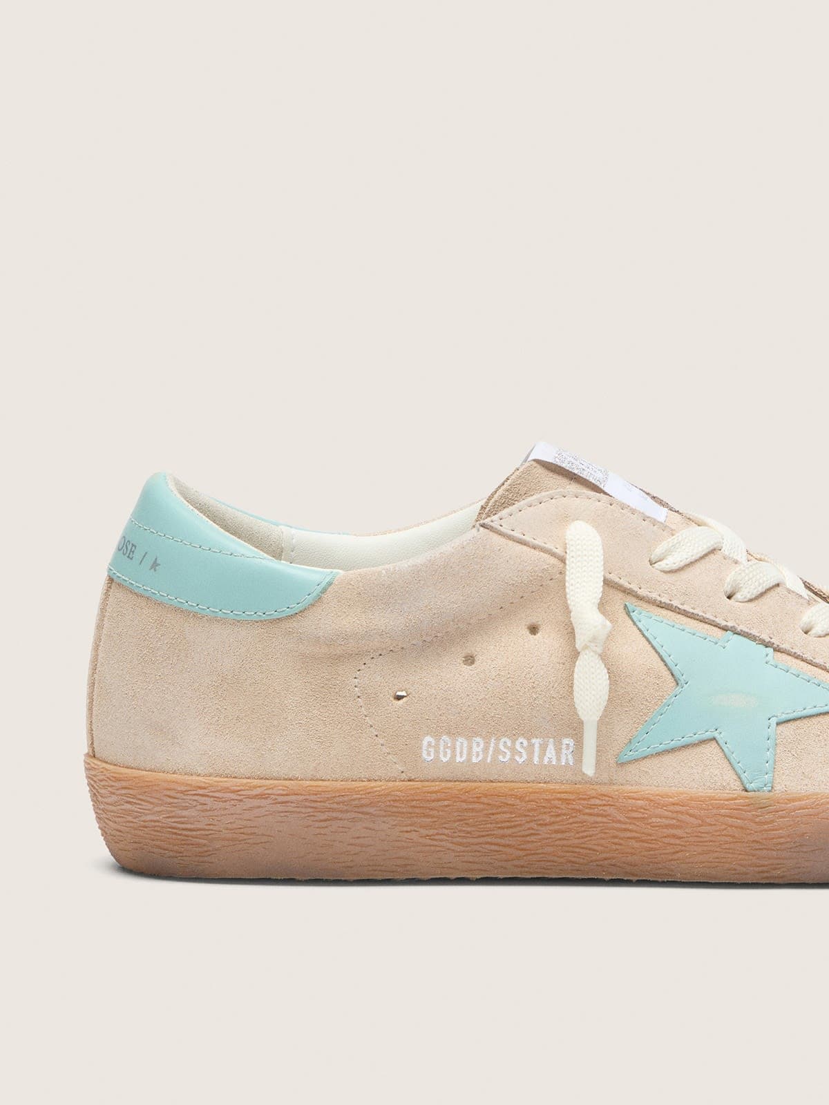 Golden Goose Womens Super-Star In Beige Suede With Aqua-Green Star Womens