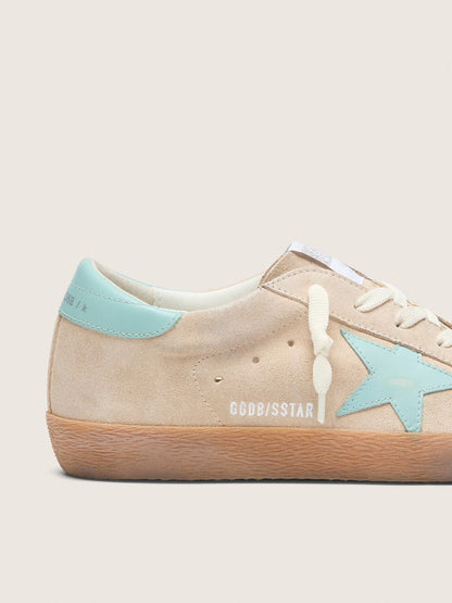 Golden Goose Womens Super-Star In Beige Suede With Aqua-Green Star Womens