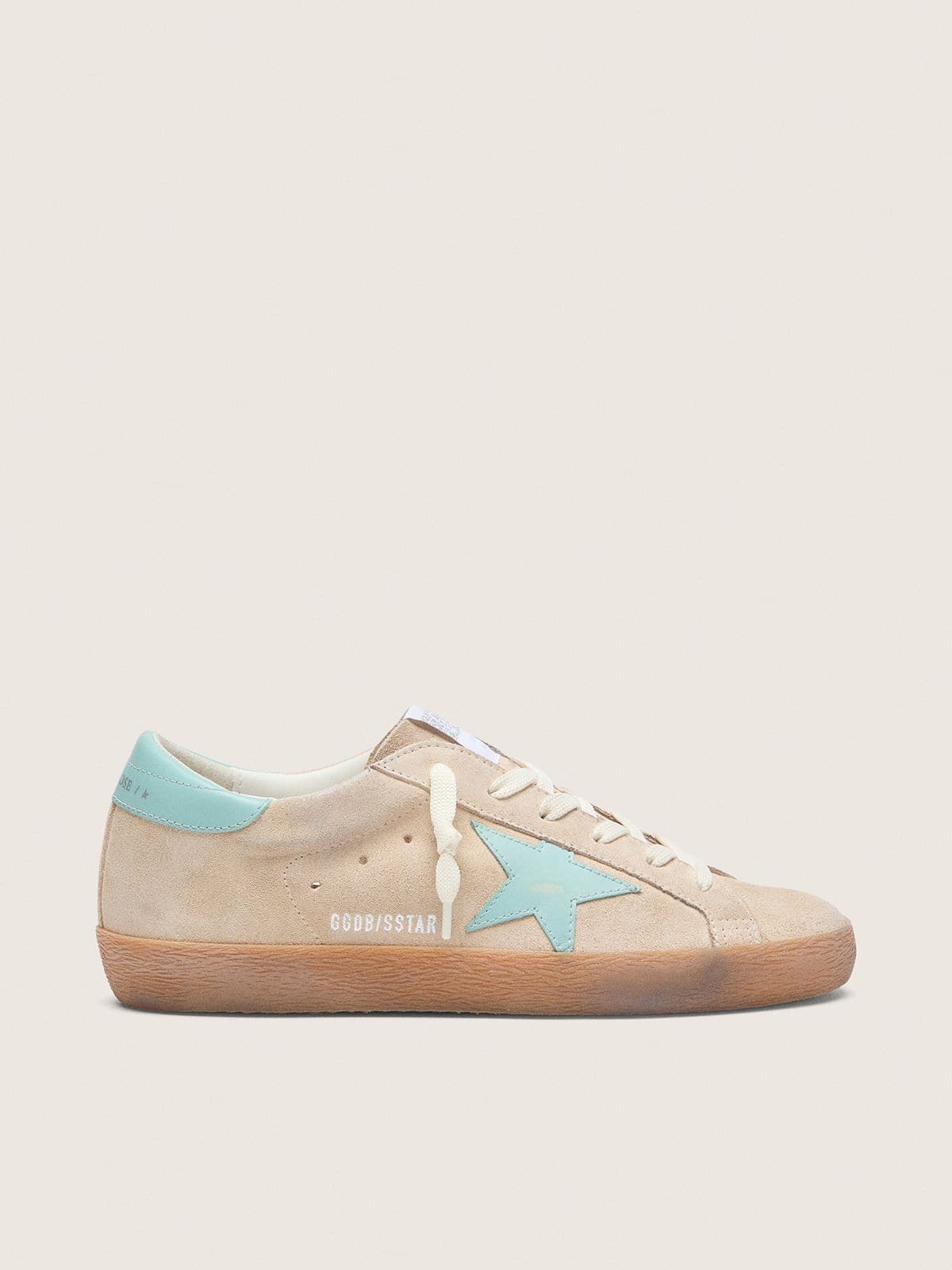 Golden Goose Womens Super-Star In Beige Suede With Aqua-Green Star Womens