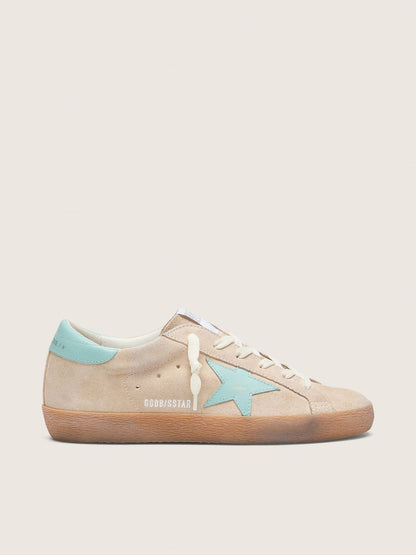 Golden Goose Womens Super-Star In Beige Suede With Aqua-Green Star Womens