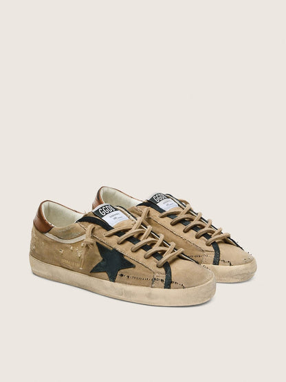 Golden Goose Womens Super-Star Ltd In Beige Canvas With Black Leather Star Womens