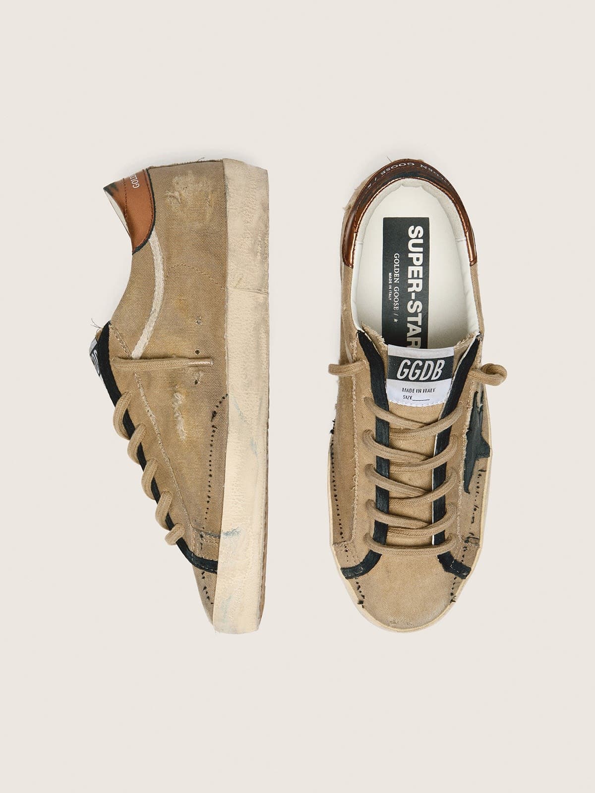 Golden Goose Womens Super-Star Ltd In Beige Canvas With Black Leather Star Womens