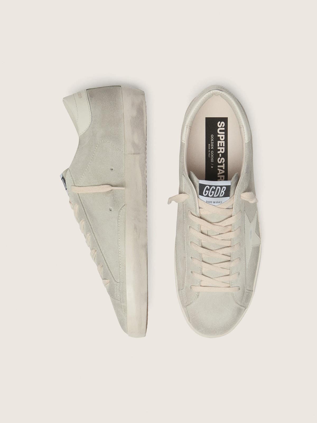 Golden Goose Womens Super-Star In Light Gray Suede With White Leather Star Womens