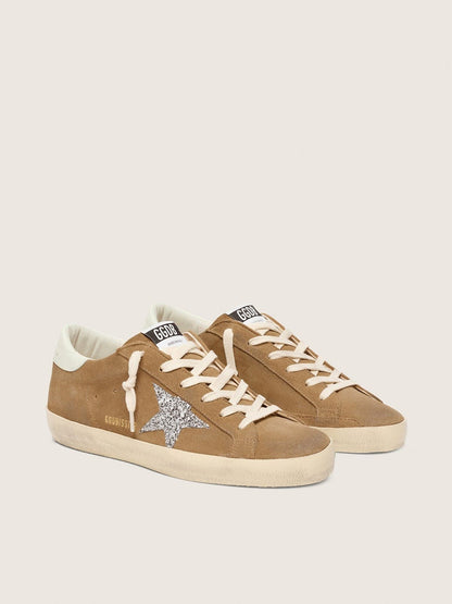 Golden Goose Womens Super-Star In Tobacco Suede With Silver Glitter Star Womens
