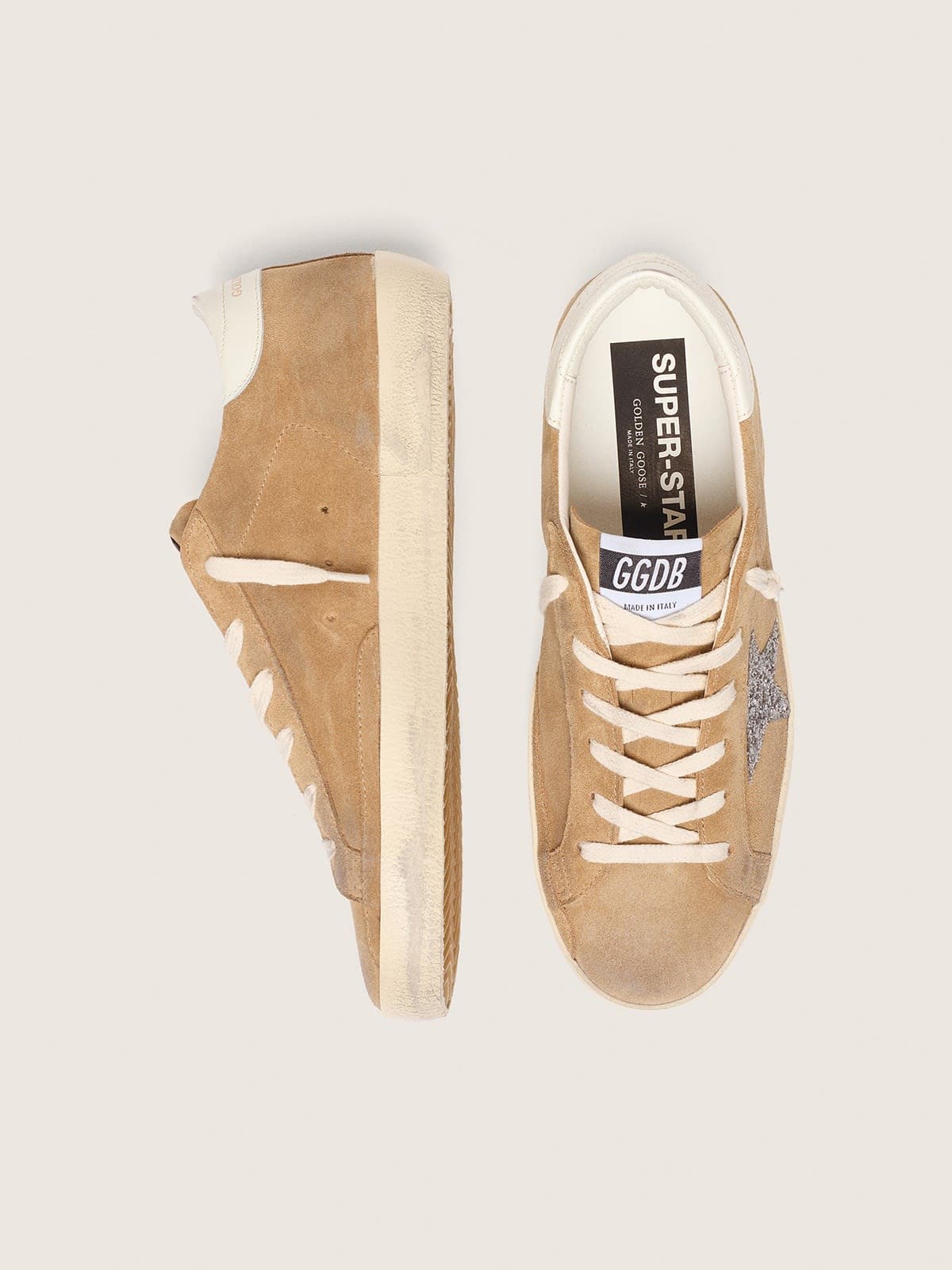 Golden Goose Womens Super-Star In Tobacco Suede With Silver Glitter Star Womens