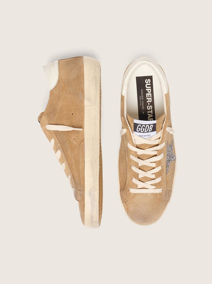 Golden Goose Womens Super-Star In Tobacco Suede With Silver Glitter Star Womens