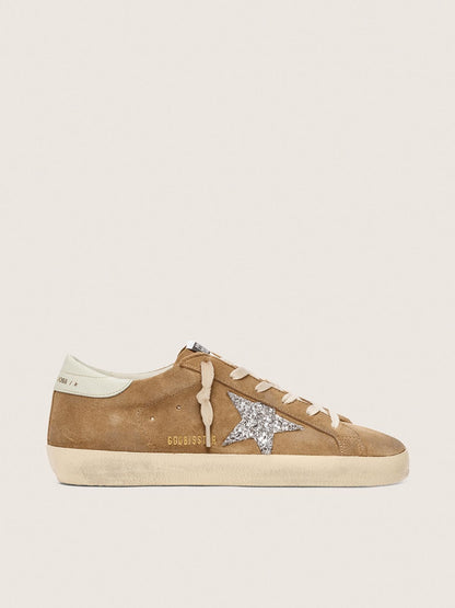 Golden Goose Womens Super-Star In Tobacco Suede With Silver Glitter Star Womens