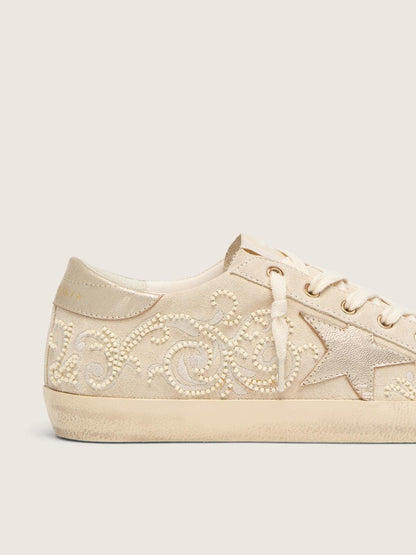Golden Goose Womens Super-Star Ltd In Pearl Suede With Gold Star And Bead Embroidery Womens