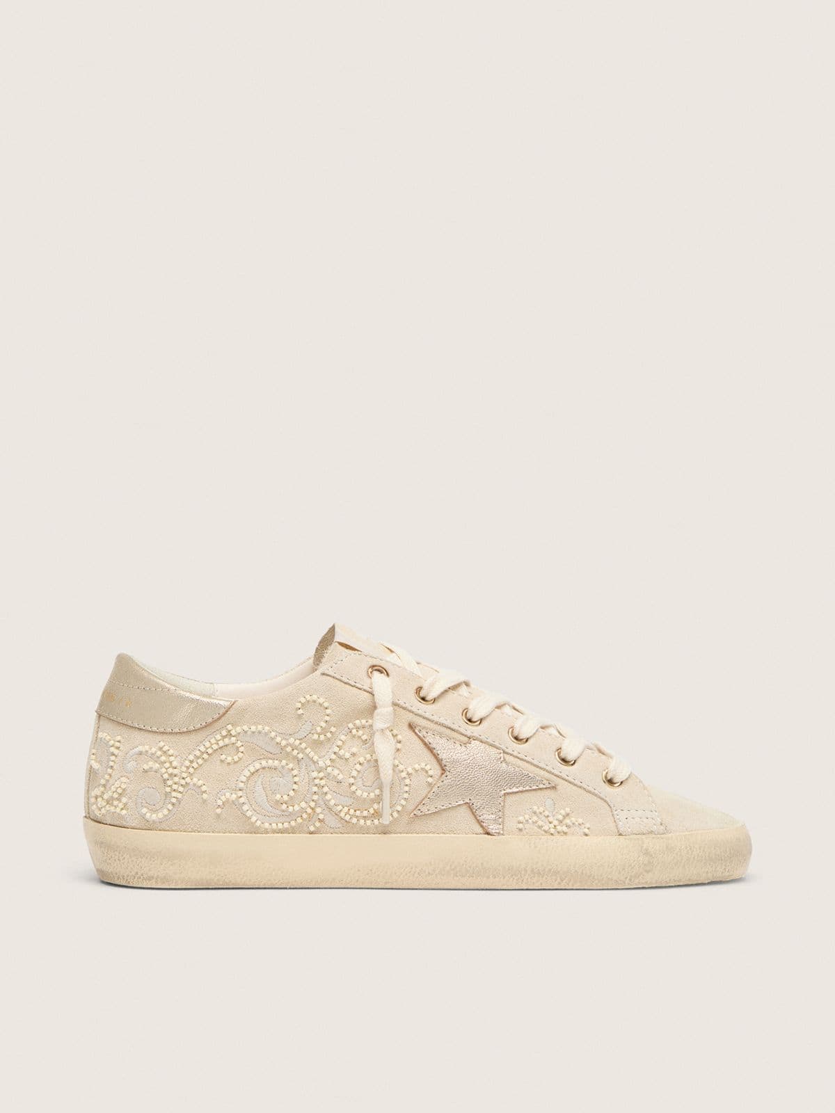 Golden Goose Womens Super-Star Ltd In Pearl Suede With Gold Star And Bead Embroidery Womens