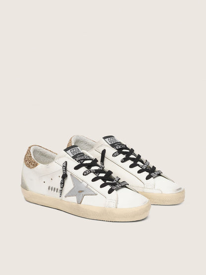 Golden Goose Womens White Leather Super-Star With Glittery Heel Tab Womens