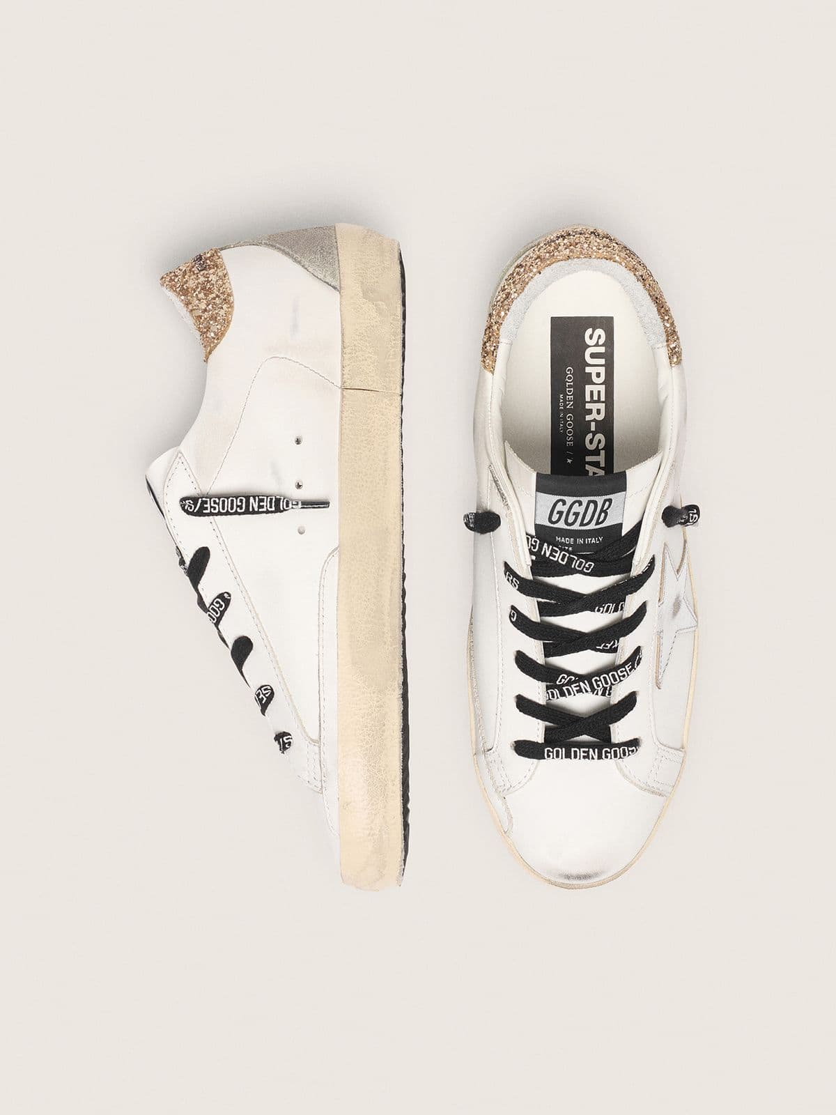 Golden Goose Womens White Leather Super-Star With Glittery Heel Tab Womens