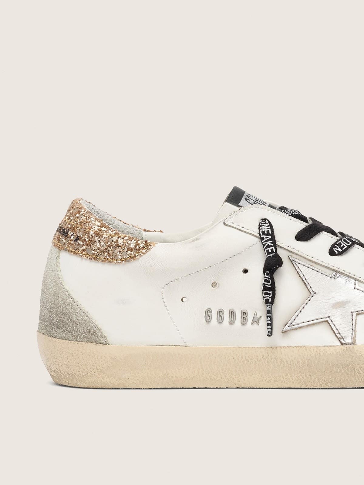 Golden Goose Womens White Leather Super-Star With Glittery Heel Tab Womens