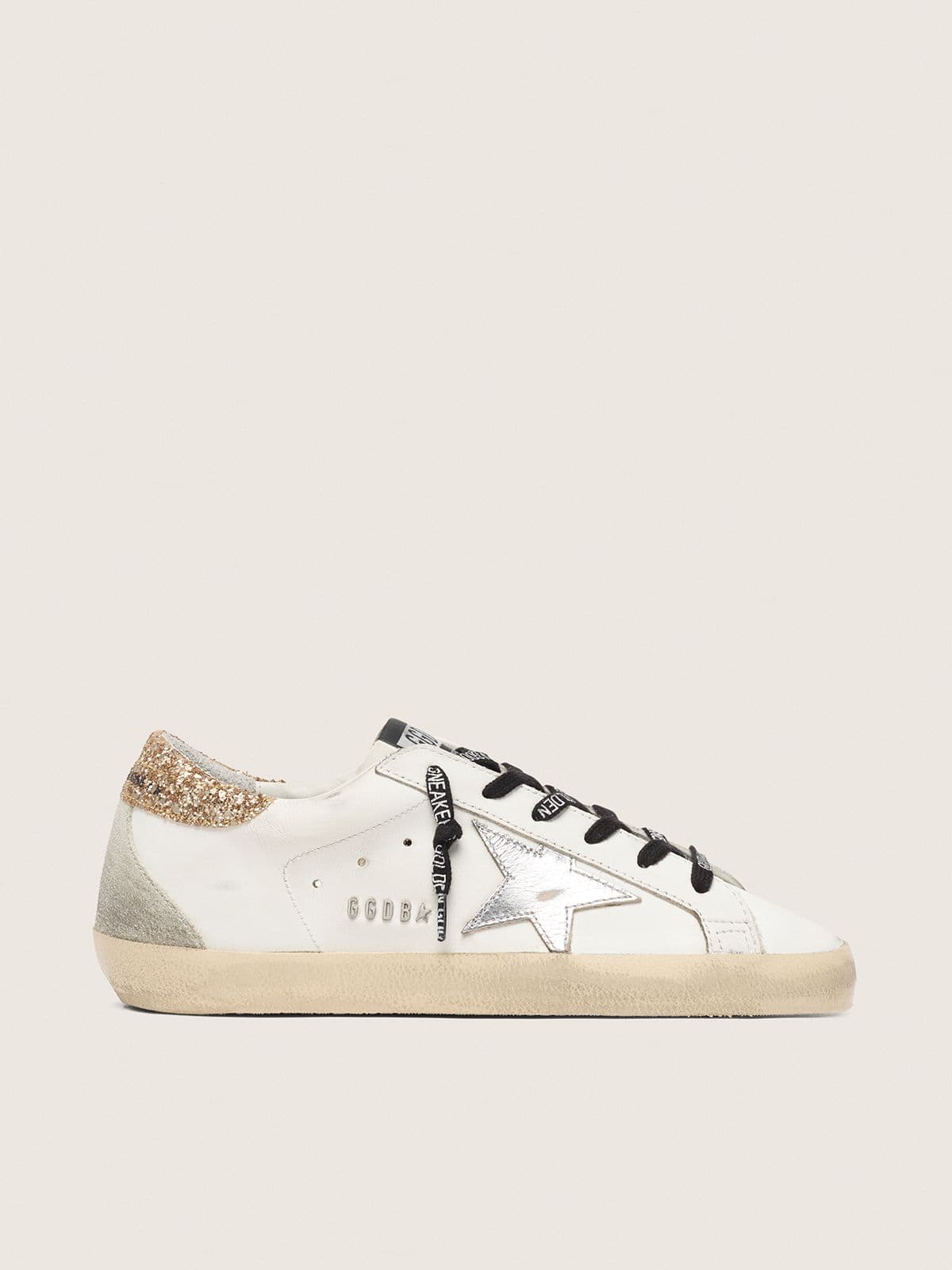 Golden Goose Womens White Leather Super-Star With Glittery Heel Tab Womens