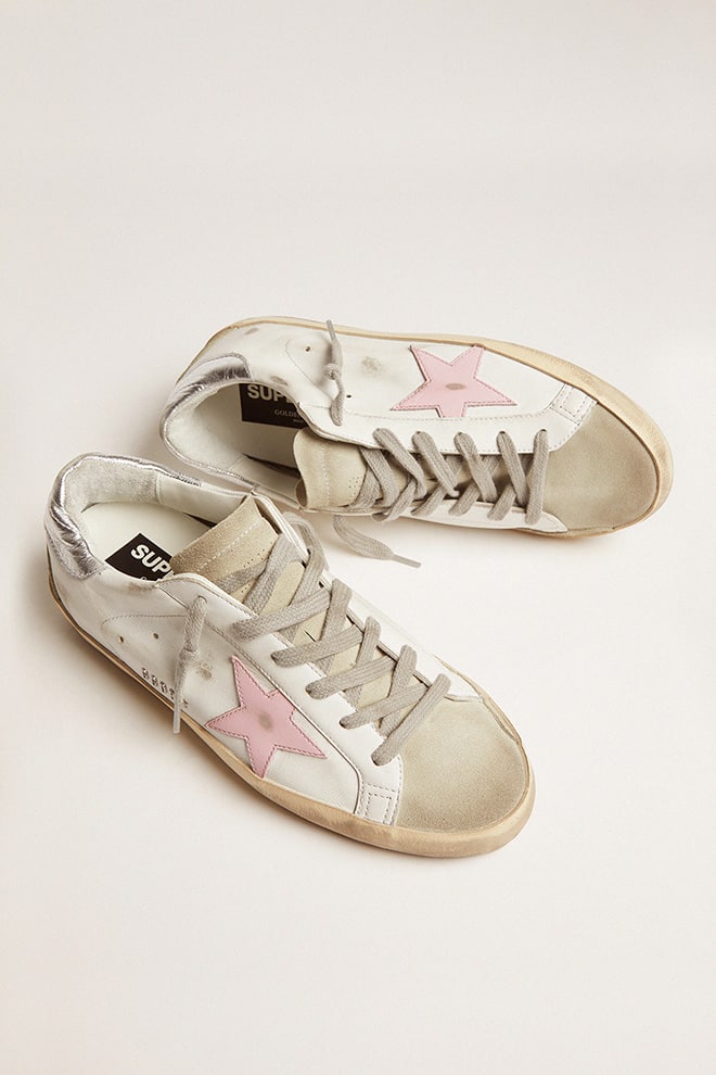 Golden Goose Womens Leather Super-Star With Pink Star And Silver Heel Tab Womens