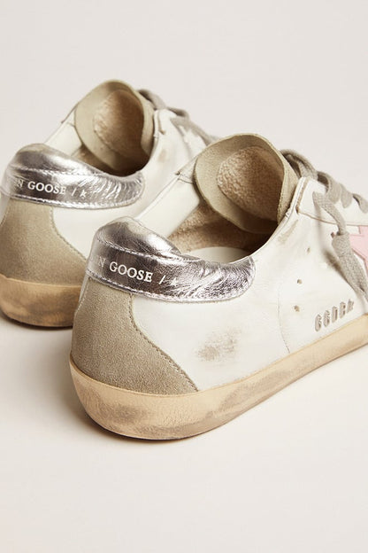 Golden Goose Womens Leather Super-Star With Pink Star And Silver Heel Tab Womens