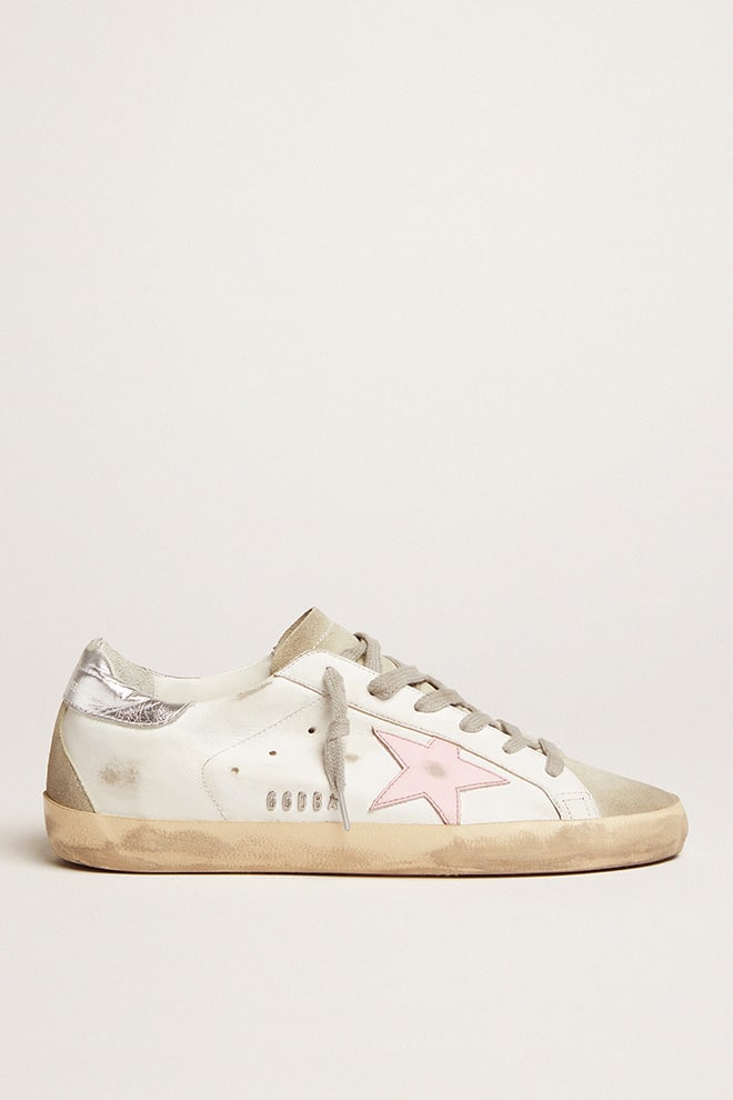 Golden Goose Womens Leather Super-Star With Pink Star And Silver Heel Tab Womens