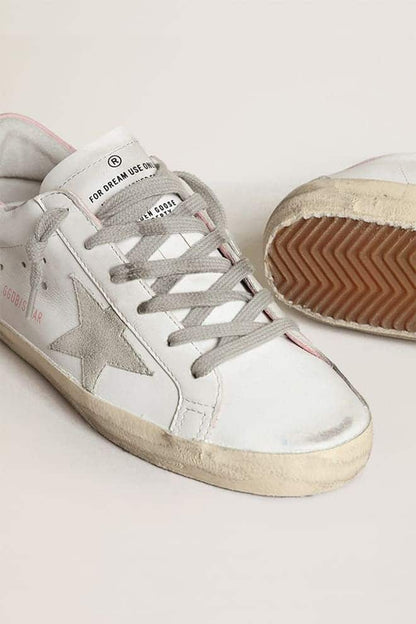 Golden Goose Womens Super-Star With Gray Suede Star And Pink Leather Heel Tab Womens
