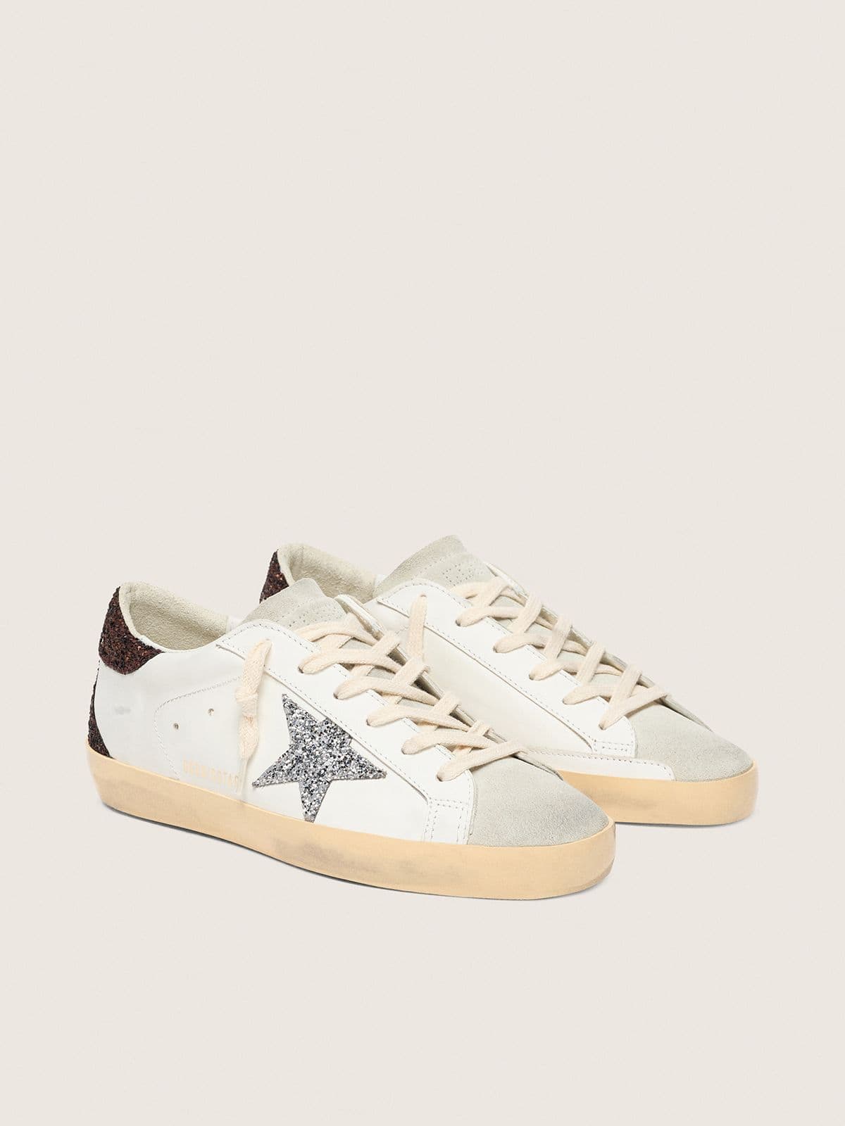 Golden Goose Womens Super-Star With Silver Glitter Star And Brown Glitter Heel Tab Womens