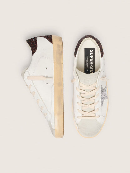 Golden Goose Womens Super-Star With Silver Glitter Star And Brown Glitter Heel Tab Womens