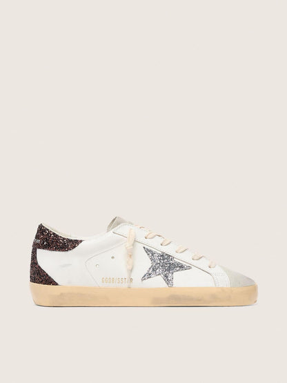 Golden Goose Womens Super-Star With Silver Glitter Star And Brown Glitter Heel Tab Womens