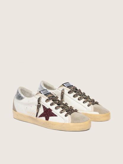 Golden Goose Super-Star With Burgundy Glitter Star And Silver Heel Tab Womens