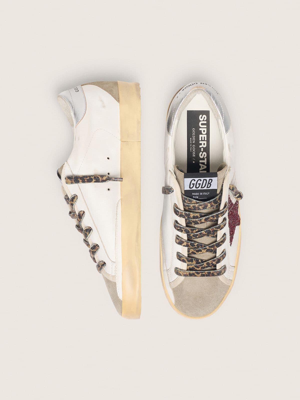 Golden Goose Super-Star With Burgundy Glitter Star And Silver Heel Tab Womens