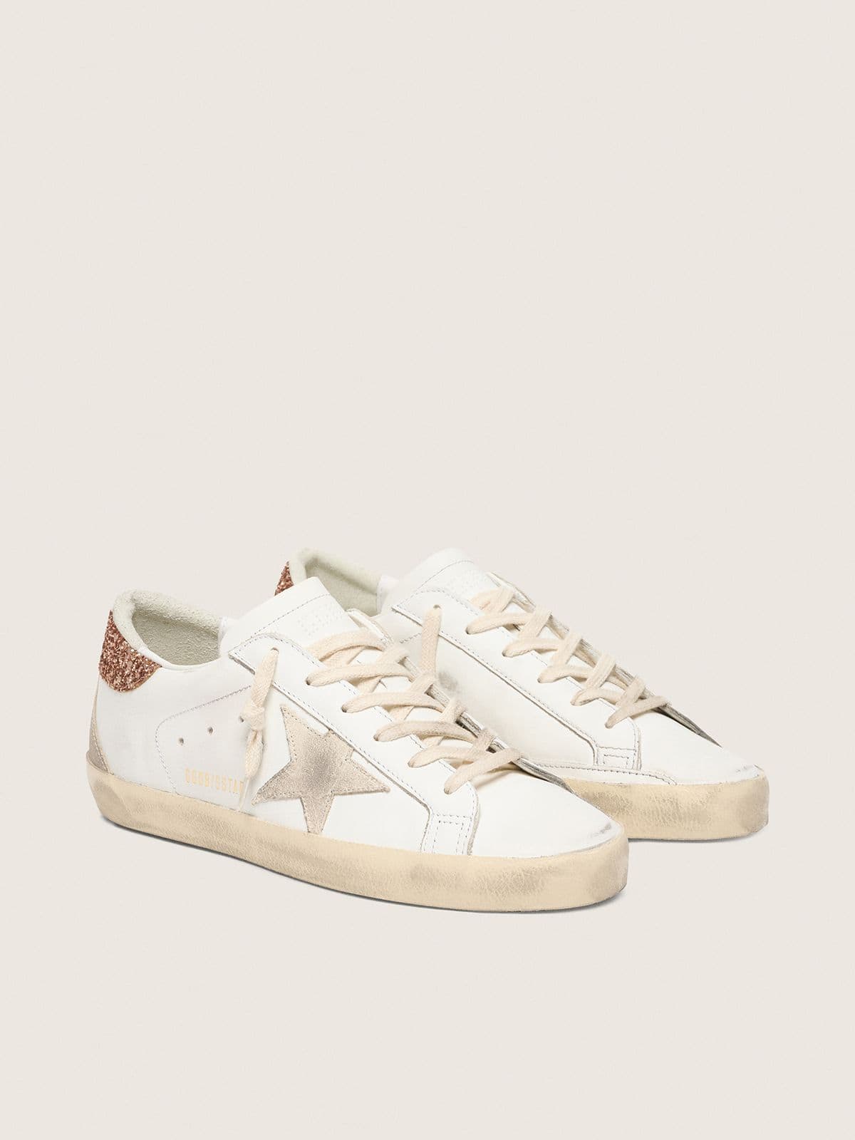 Golden Goose Womens Super-Star With A Suede Star And Peach-Pink Glitter Heel Tab Womens