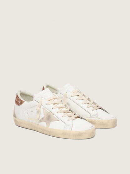 Golden Goose Womens Super-Star With A Suede Star And Peach-Pink Glitter Heel Tab Womens