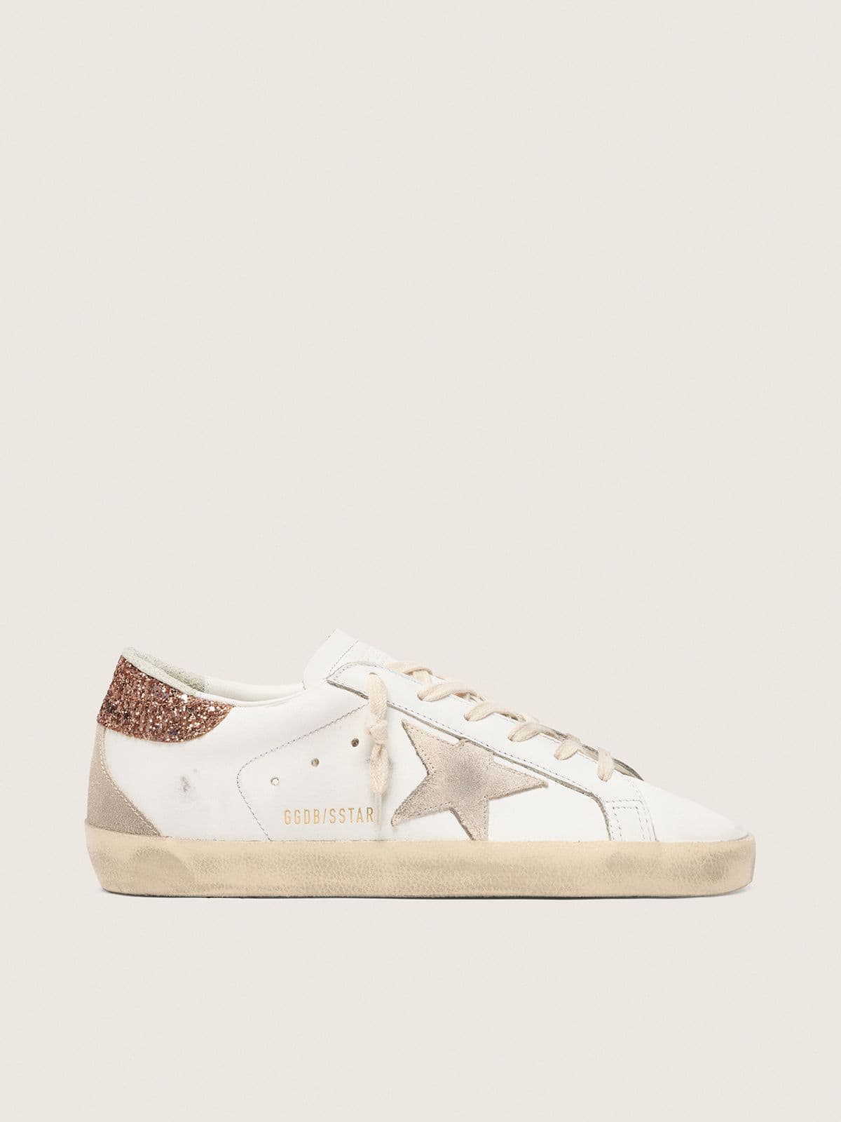 Golden Goose Womens Super-Star With A Suede Star And Peach-Pink Glitter Heel Tab Womens