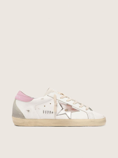 Golden Goose Womens Super-Star With Silver Leather Star And Pink Heel Tab Womens