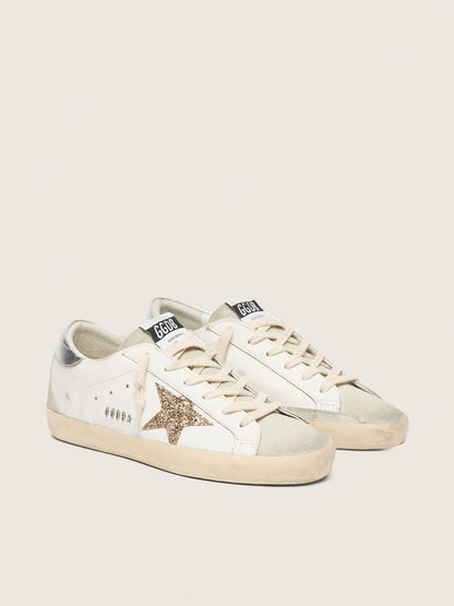 Golden Goose Womens Super-Star With Gold Glitter Star And Ice-Gray Suede Inserts Womens