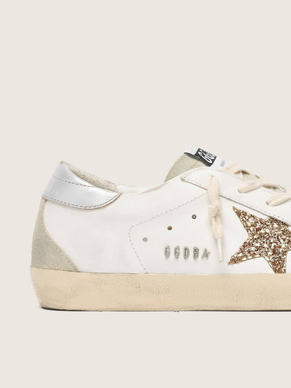 Golden Goose Womens Super-Star With Gold Glitter Star And Ice-Gray Suede Inserts Womens