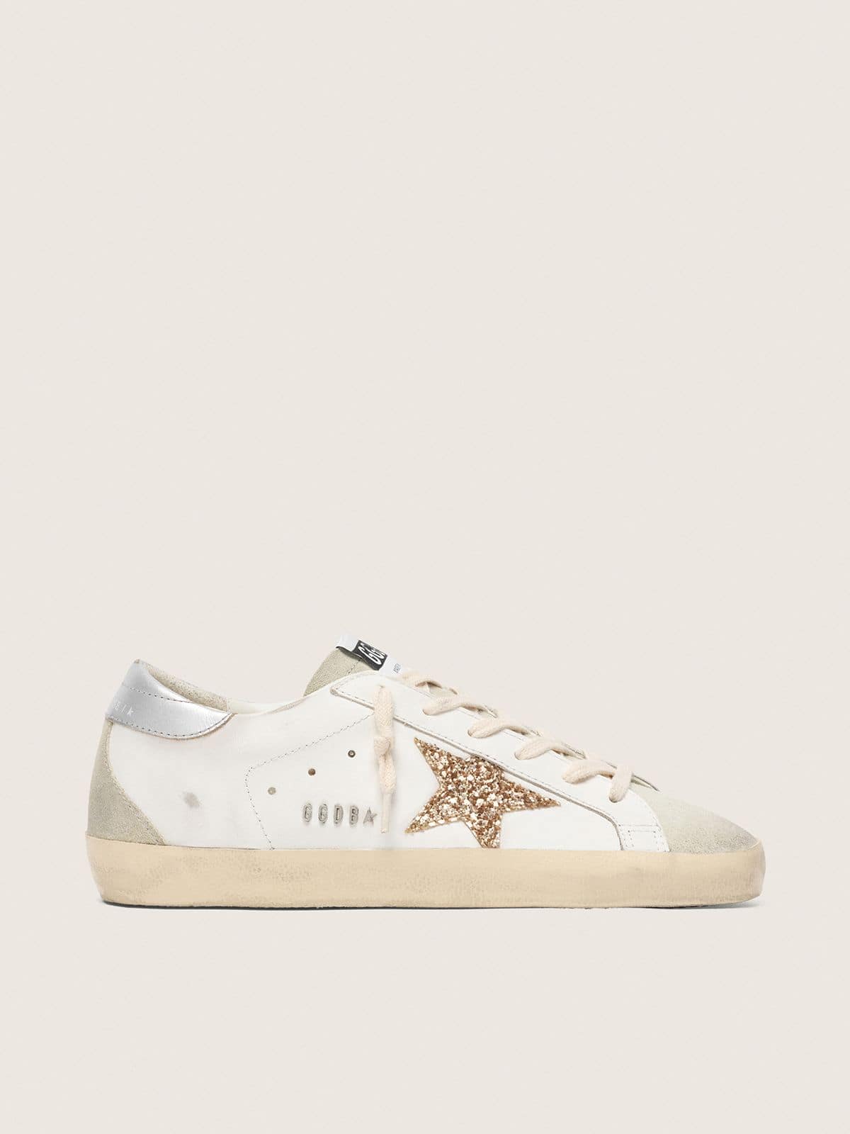 Golden Goose Womens Super-Star With Gold Glitter Star And Ice-Gray Suede Inserts Womens