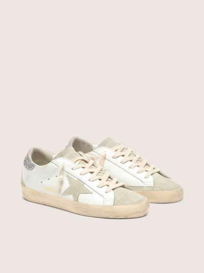 Golden Goose Womens Super-Star With Gray Star And Silver Glitter Heel Tab Womens