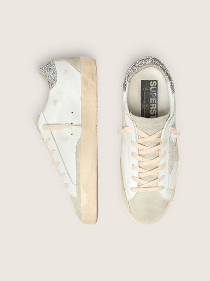 Golden Goose Womens Super-Star With Gray Star And Silver Glitter Heel Tab Womens