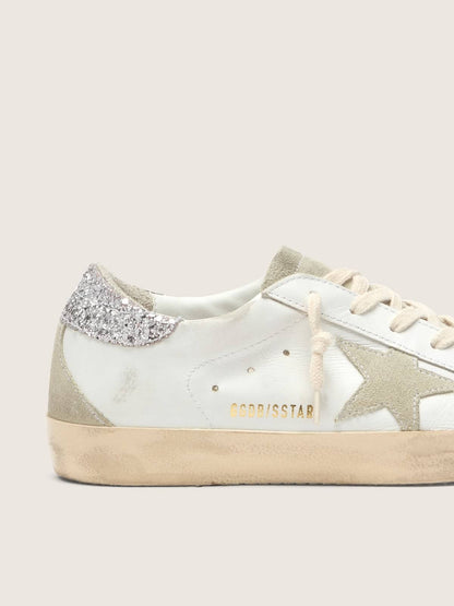 Golden Goose Womens Super-Star With Gray Star And Silver Glitter Heel Tab Womens