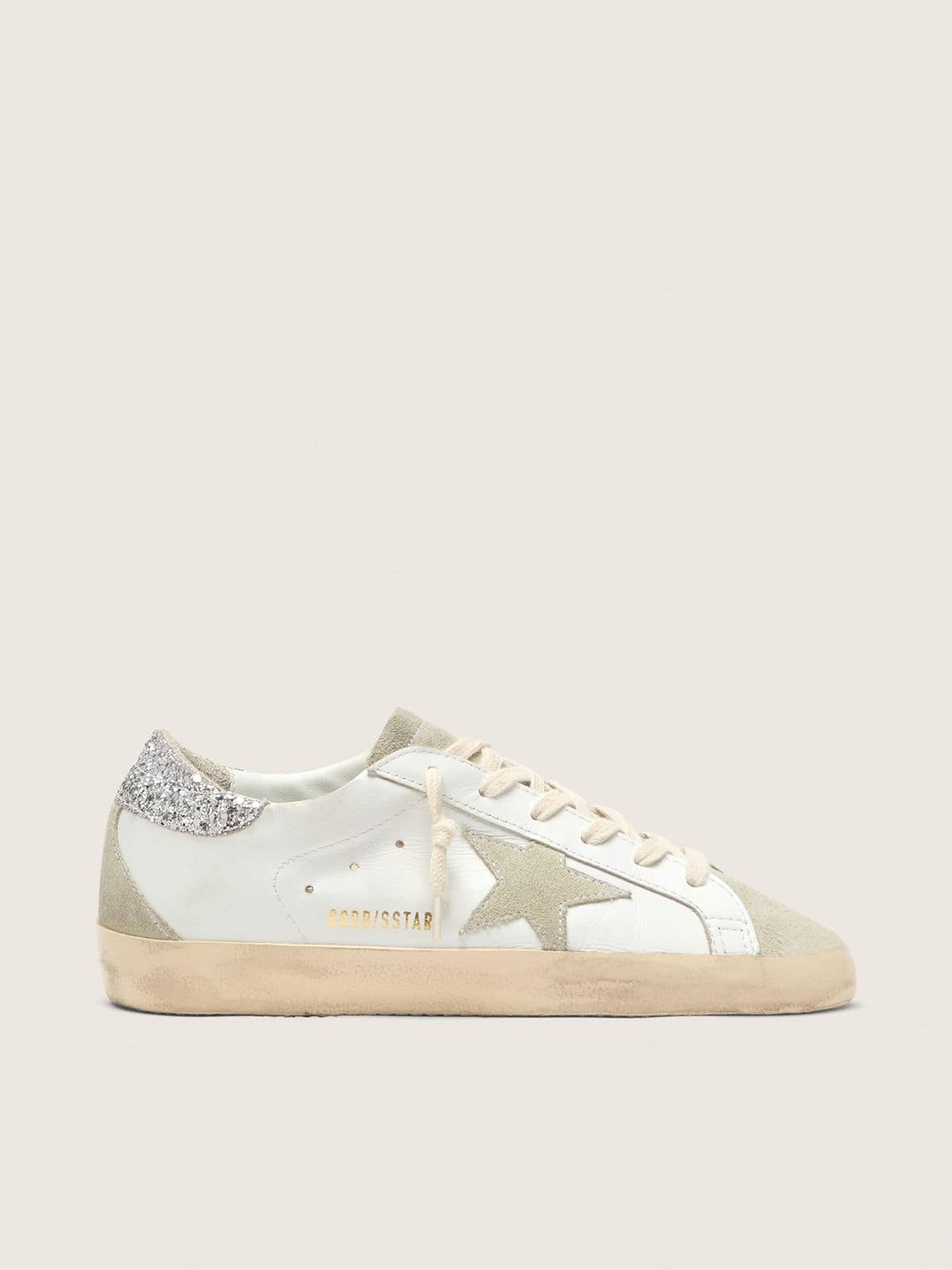Golden Goose Womens Super-Star With Gray Star And Silver Glitter Heel Tab Womens