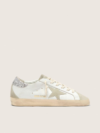 Golden Goose Womens Super-Star With Gray Star And Silver Glitter Heel Tab Womens