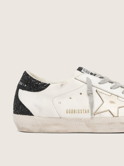 Golden Goose Womens Super-Star With Gold Star And Black Glitter Heel Tab Womens