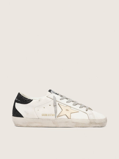 Golden Goose Womens Super-Star With Gold Star And Black Glitter Heel Tab Womens