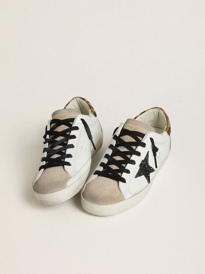 Golden Goose Womens Super-Star With Black Glitter Star And Leopard-Print Pony Skin Heel Tab Womens