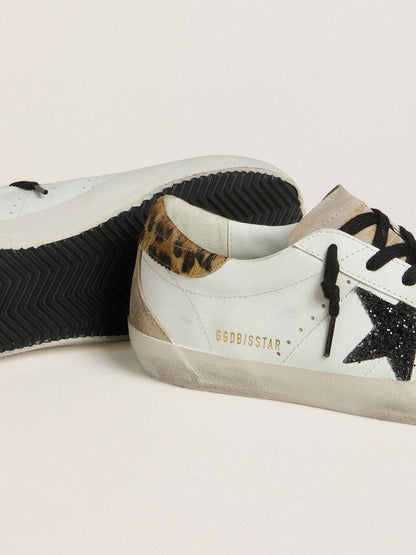 Golden Goose Womens Super-Star With Black Glitter Star And Leopard-Print Pony Skin Heel Tab Womens