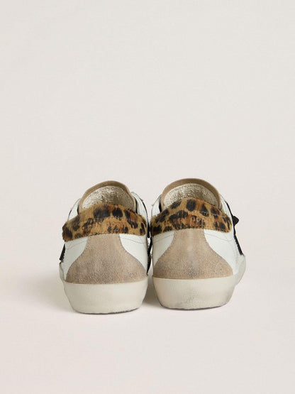 Golden Goose Womens Super-Star With Black Glitter Star And Leopard-Print Pony Skin Heel Tab Womens
