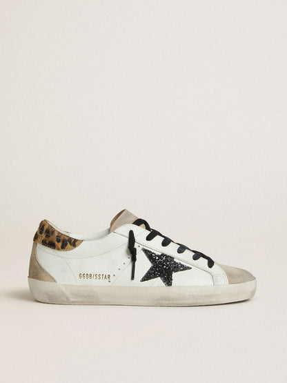 Golden Goose Womens Super-Star With Black Glitter Star And Leopard-Print Pony Skin Heel Tab Womens