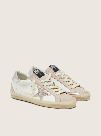 Golden Goose Womens Super-Star In White And Powder-Pink Leather With Silver Swarovski Crystal Star Womens