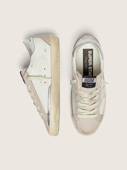 Golden Goose Womens Super-Star In White And Powder-Pink Leather With Silver Swarovski Crystal Star Womens