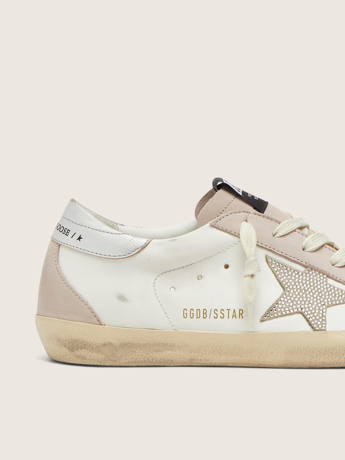 Golden Goose Womens Super-Star In White And Powder-Pink Leather With Silver Swarovski Crystal Star Womens