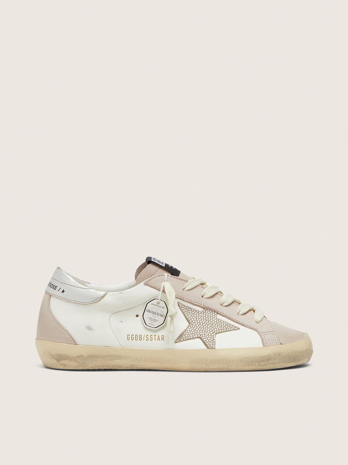 Golden Goose Womens Super-Star In White And Powder-Pink Leather With Silver Swarovski Crystal Star Womens