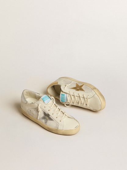 Golden Goose Super-Star In White Leather And Suede With Silver And Gold Leather Star Womens
